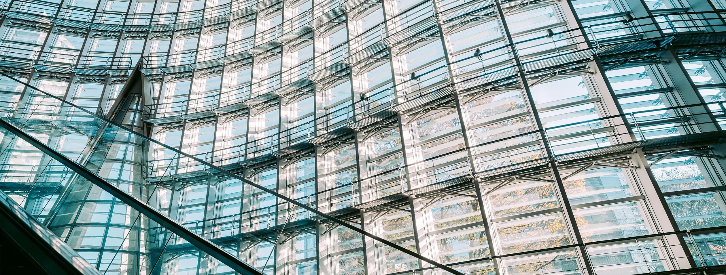 Looking up at the glass façade of The National Art Center, Tokyo, from inside